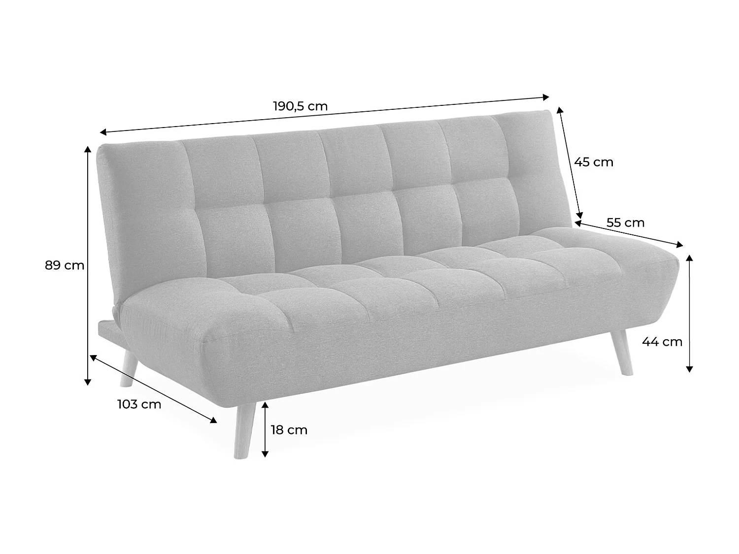 Canapé 3 places banquette clic clac. convertible. en tissu gris clair et pieds bois naturel