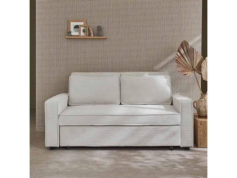 Canapé convertible 3 places blanc crème velours côtelé. banquette. lit