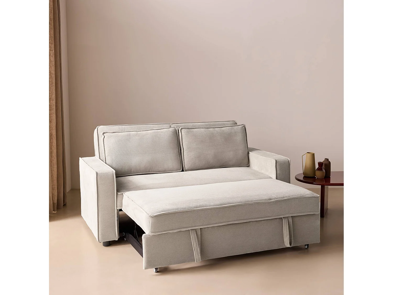 Sofá cama de pana, 2 plazas crema