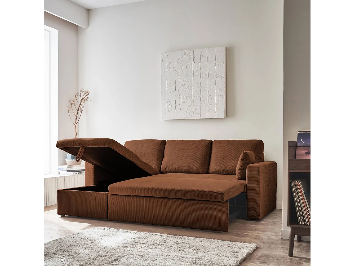 Canapé d'angle convertible en velours côtelé rouille - IDA - 3 places. fauteuil d'angle réversible coffre rangement lit modulable