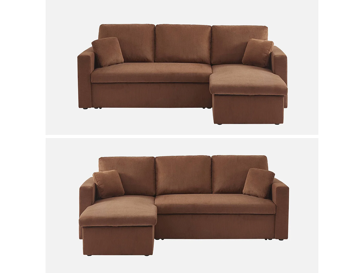 Canapé d'angle convertible en velours côtelé rouille - IDA - 3 places. fauteuil d'angle réversible coffre rangement lit modulable