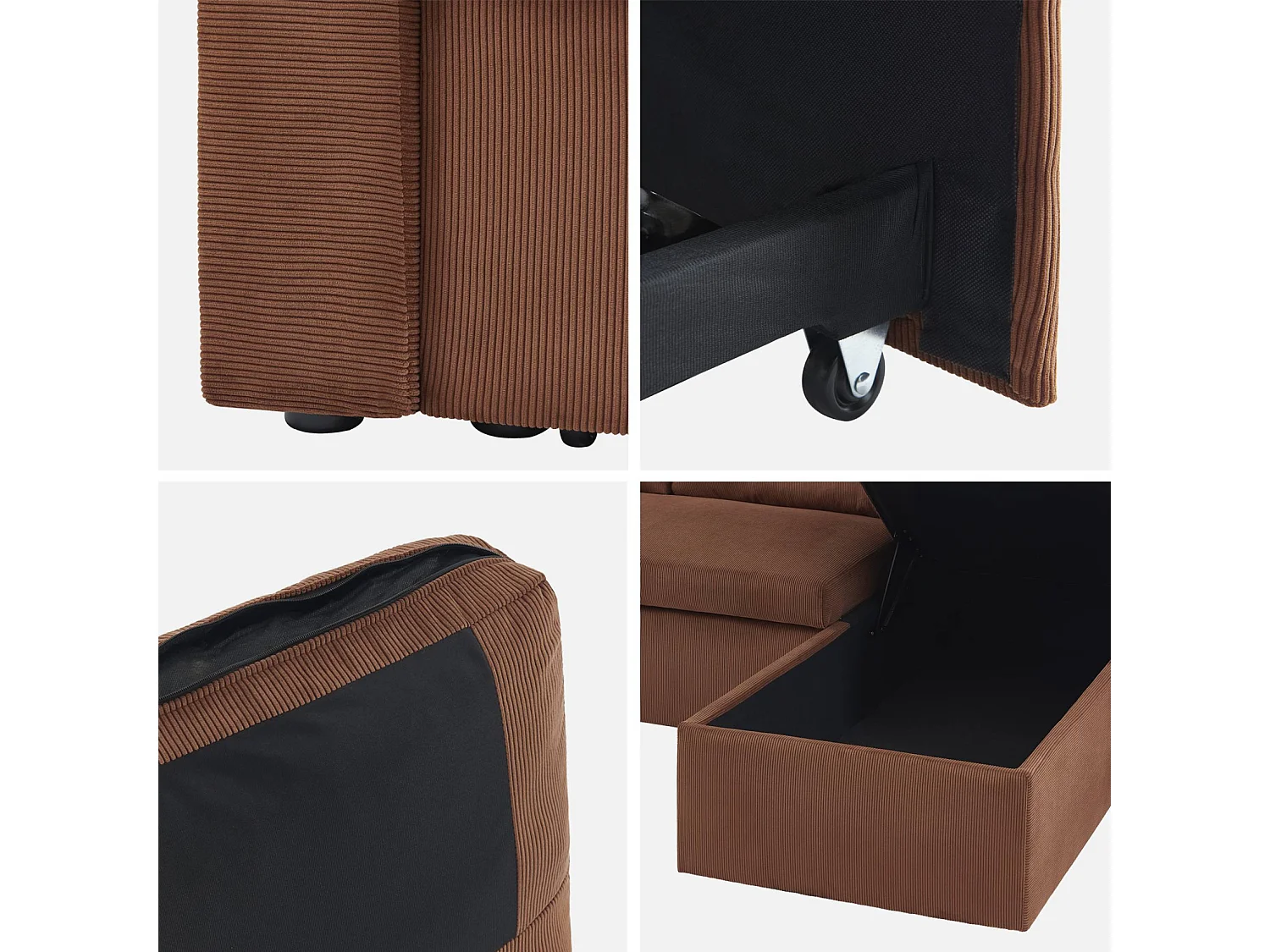 Divano letto angolare reversibile in velluto a coste a 3 posti, color