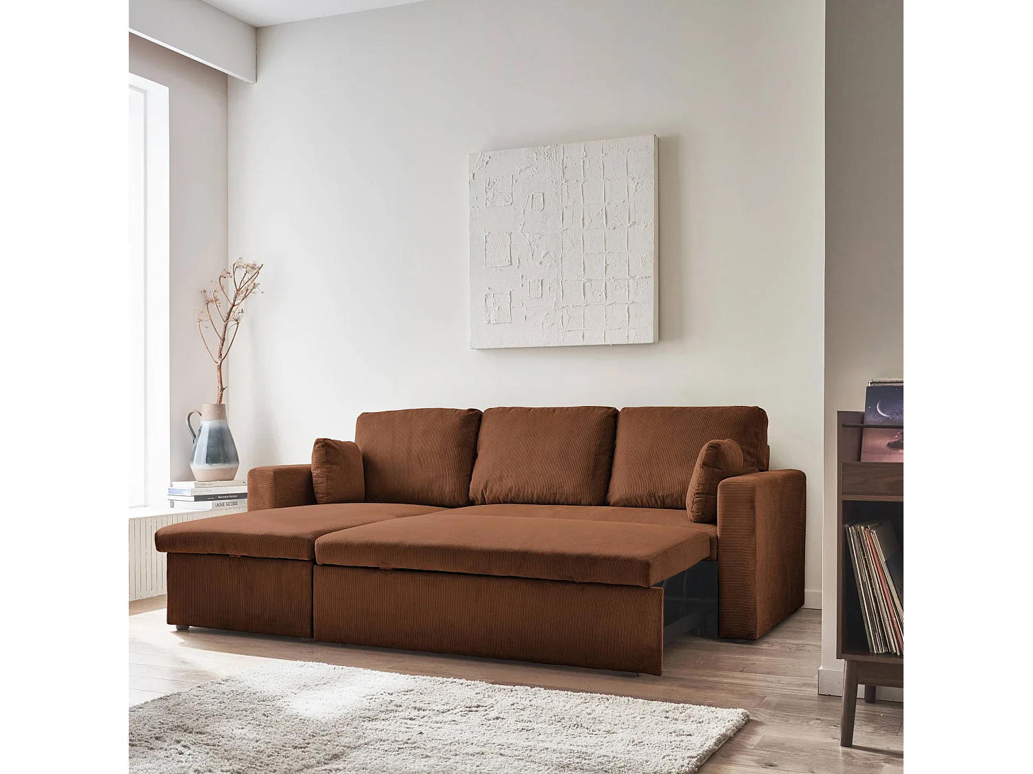 Divano letto angolare reversibile in velluto a coste a 3 posti, color