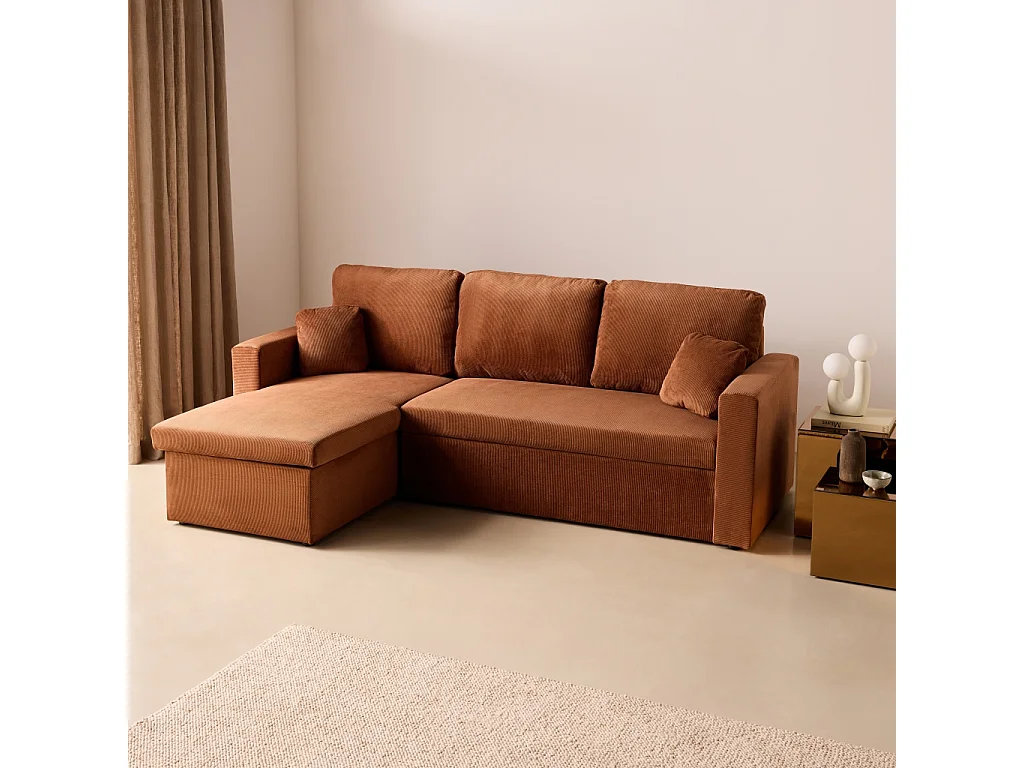 Canapé d'angle convertible en velours côtelé rouille - IDA - 3 places. fauteuil d'angle réversible coffre rangement lit modulable