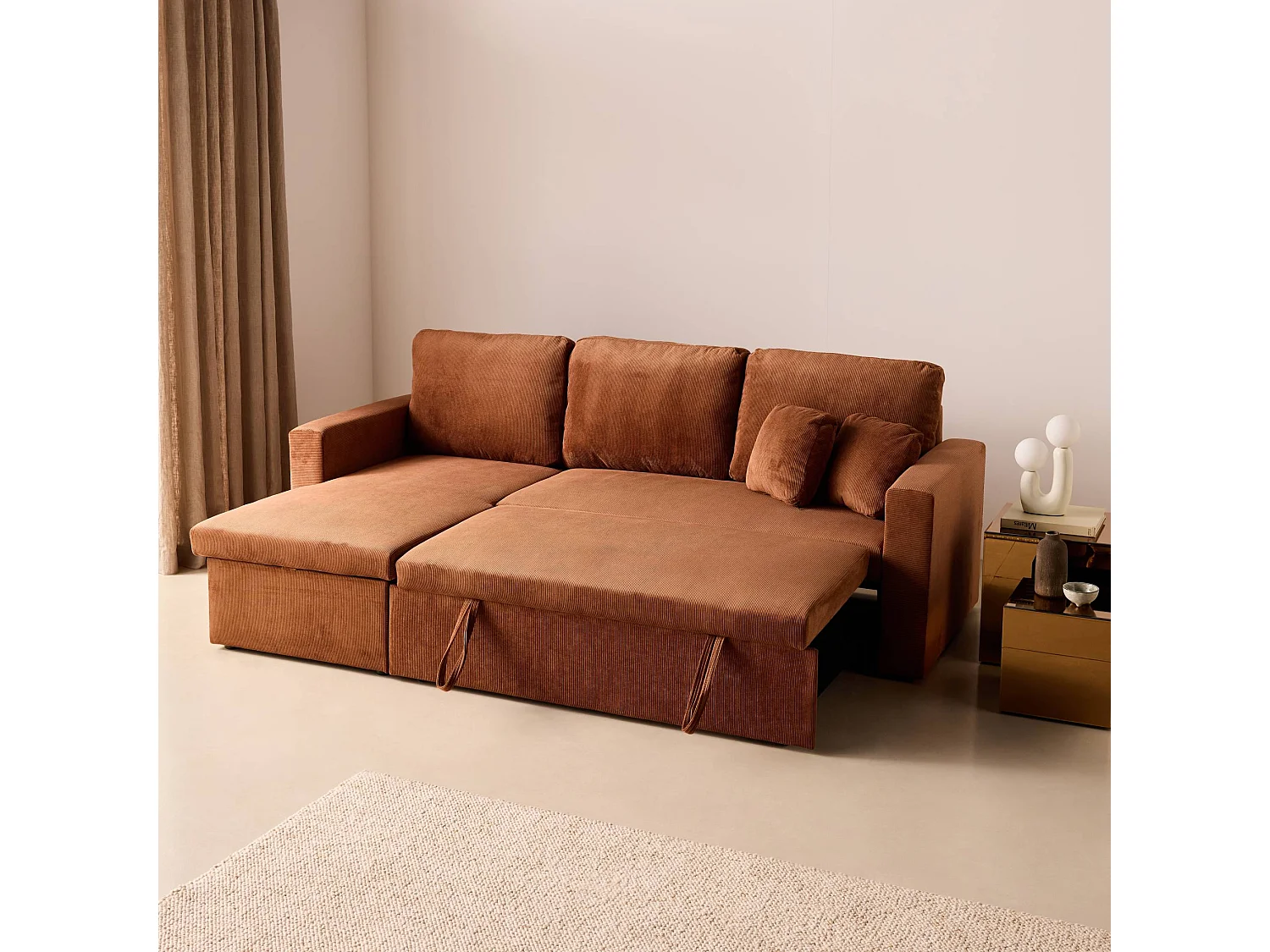 Canapé d'angle convertible en velours côtelé rouille - IDA - 3 places. fauteuil d'angle réversible coffre rangement lit modulable