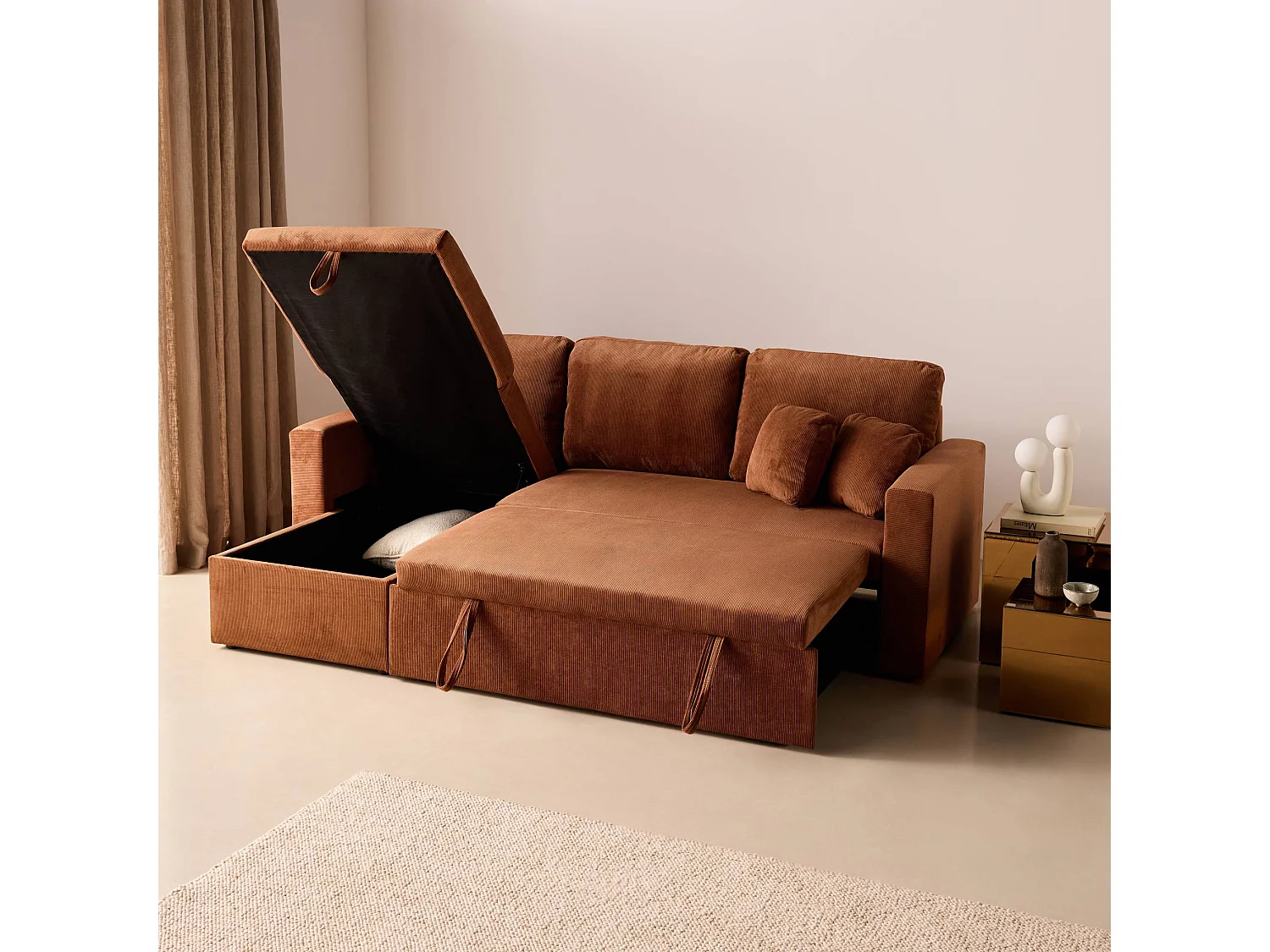 Canapé d'angle convertible en velours côtelé rouille - IDA - 3 places. fauteuil d'angle réversible coffre rangement lit modulable