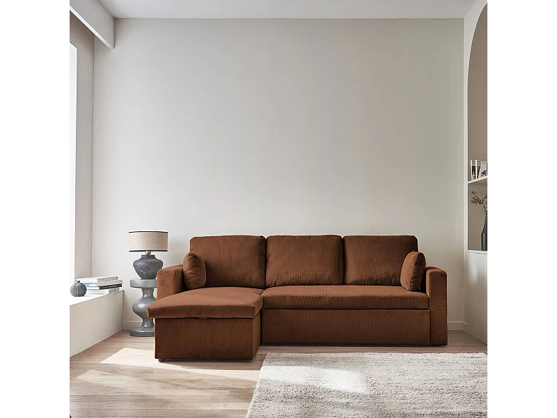 Canapé d'angle convertible en velours côtelé rouille - IDA - 3 places. fauteuil d'angle réversible coffre rangement lit modulable