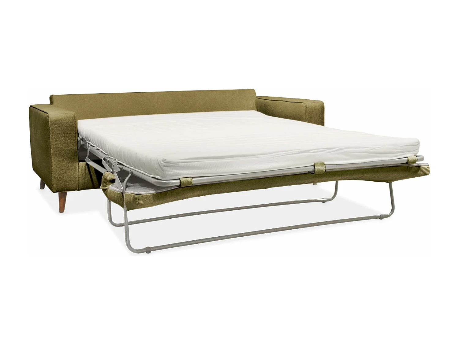 Canapé lit 3 places vert olive avec matelas 12cm d'épaisseur. fabriqué en France