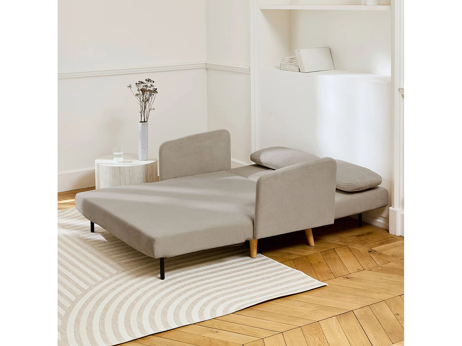 Canapé convertible 2 places scandinave velours côtelé beige - Panam - pieds bois. banquette. dossier inclinable