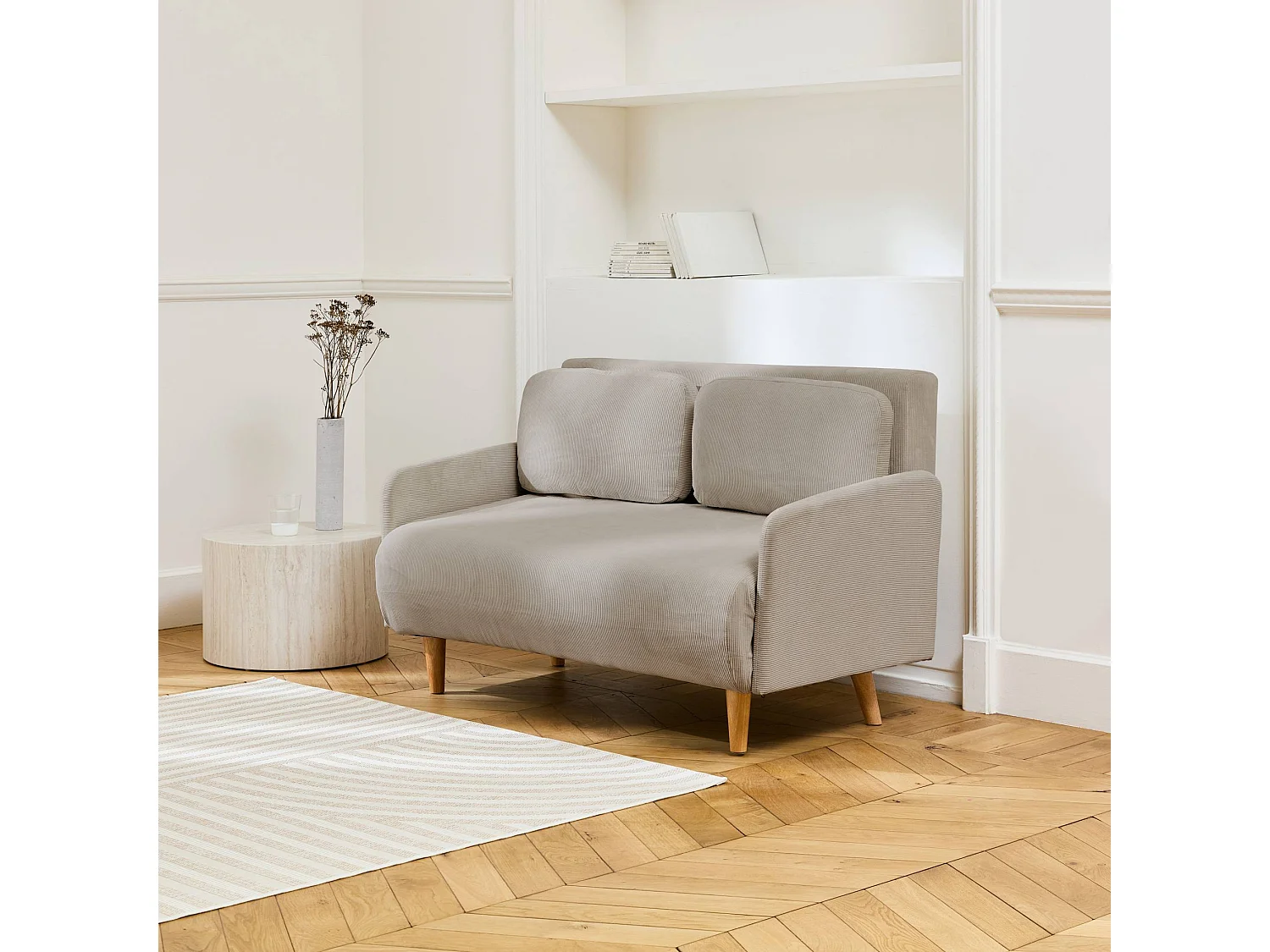 Canapé convertible 2 places scandinave velours côtelé beige - Panam - pieds bois. banquette. dossier inclinable