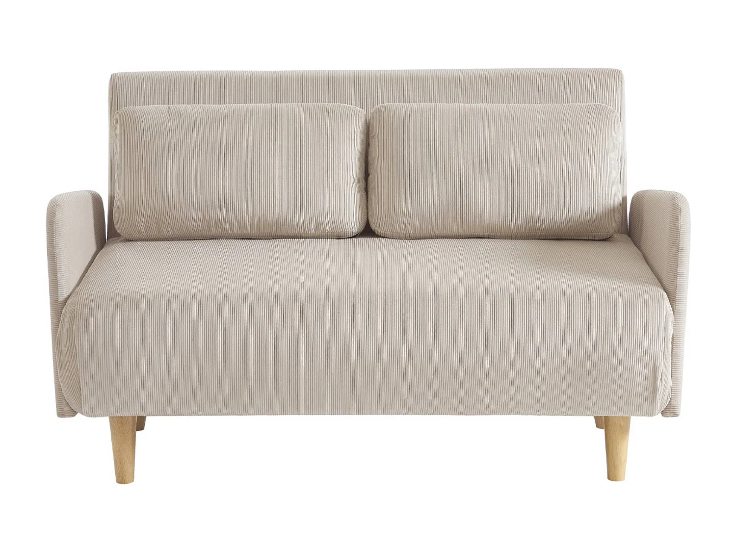 Sofá cama de pana de 2 plazas con patas de madera beige