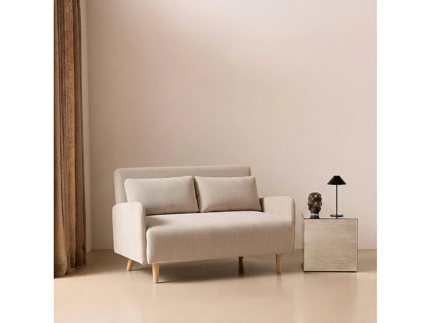 Divano letto in velluto a coste con gambe in legno, 2 posti, beige
