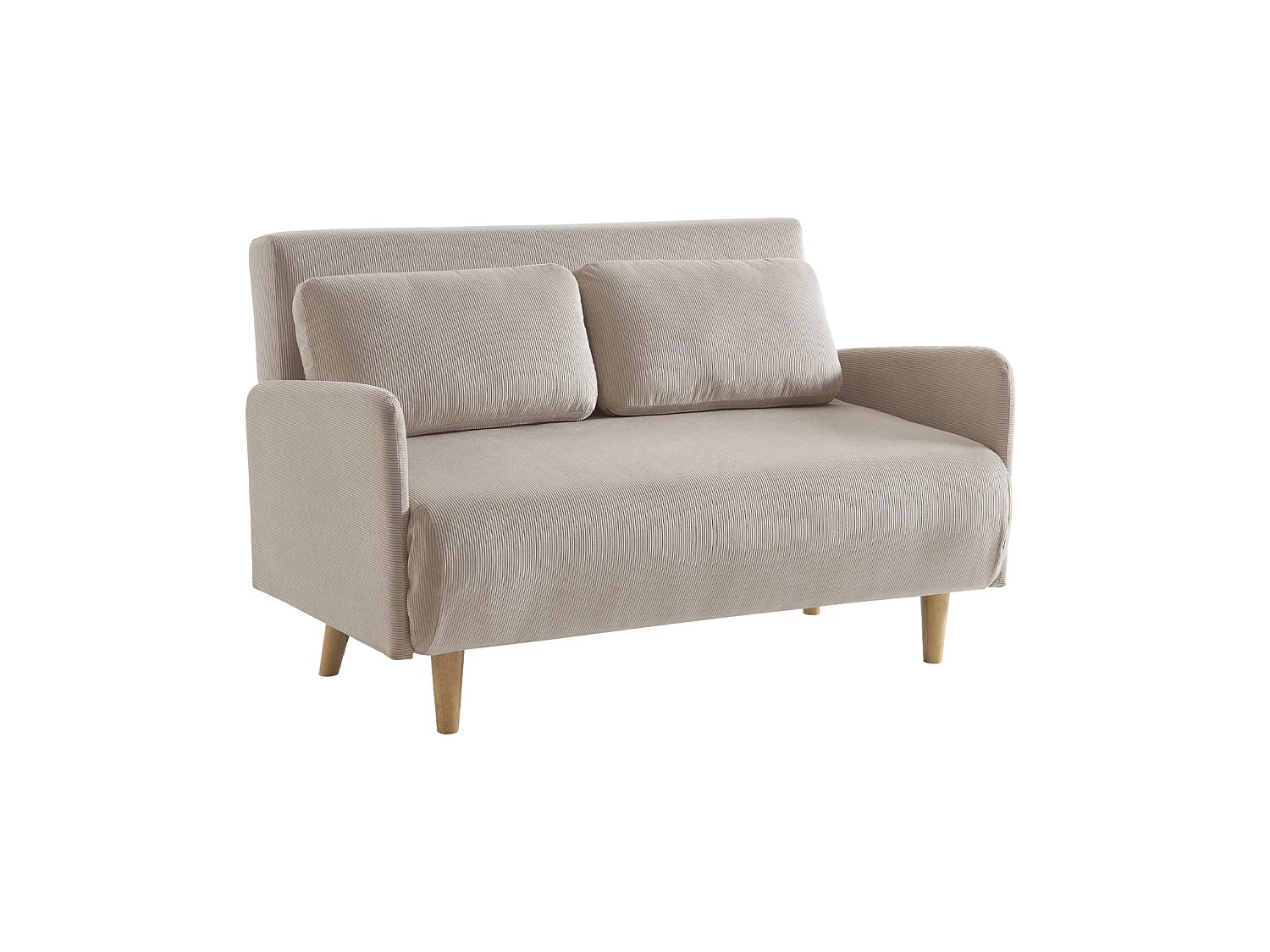 Divano letto in velluto a coste con gambe in legno, 2 posti, beige