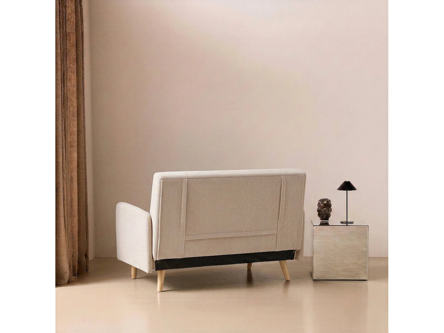 Divano letto in velluto a coste con gambe in legno, 2 posti, beige