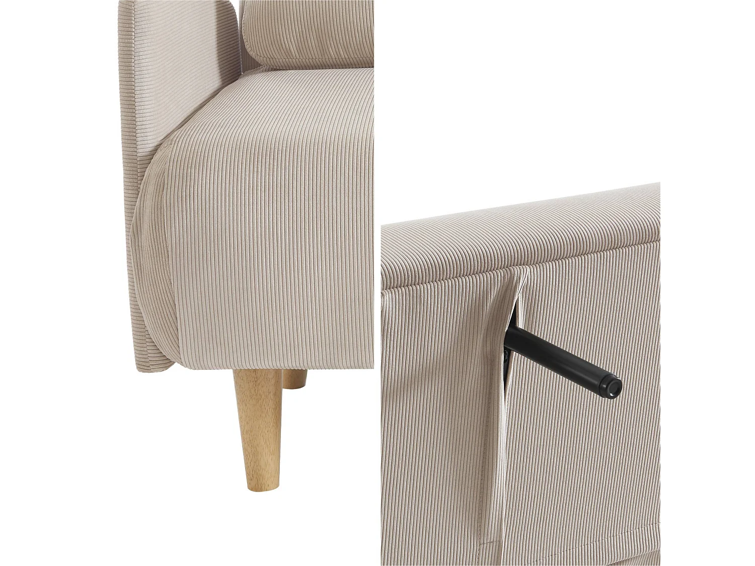 Divano letto in velluto a coste con gambe in legno, 2 posti, beige