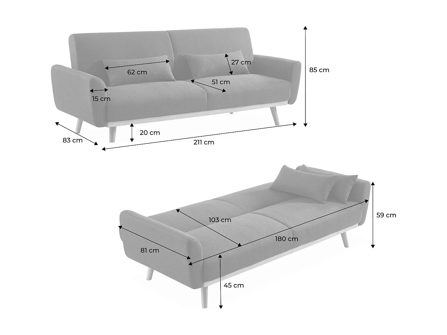 Canapé convertible design en tissu - Oskar - 2 - 3 places scandinave droit avec pieds bois