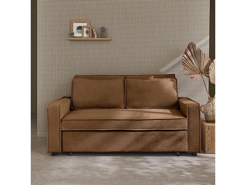 Canapé convertible 3 places marron velours côtelé. banquette. lit