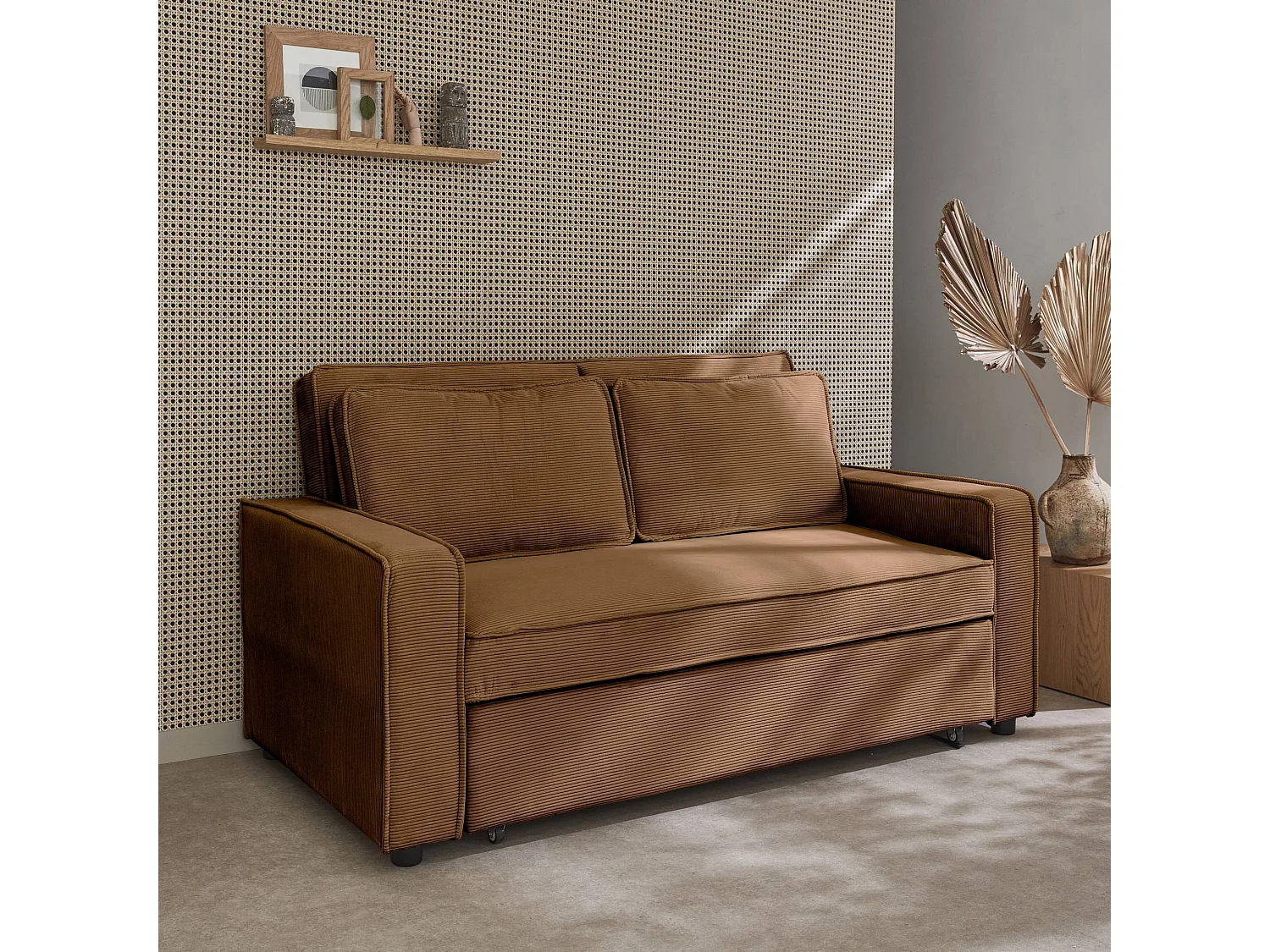 Sofá cama de pana de 3 plazas marrón