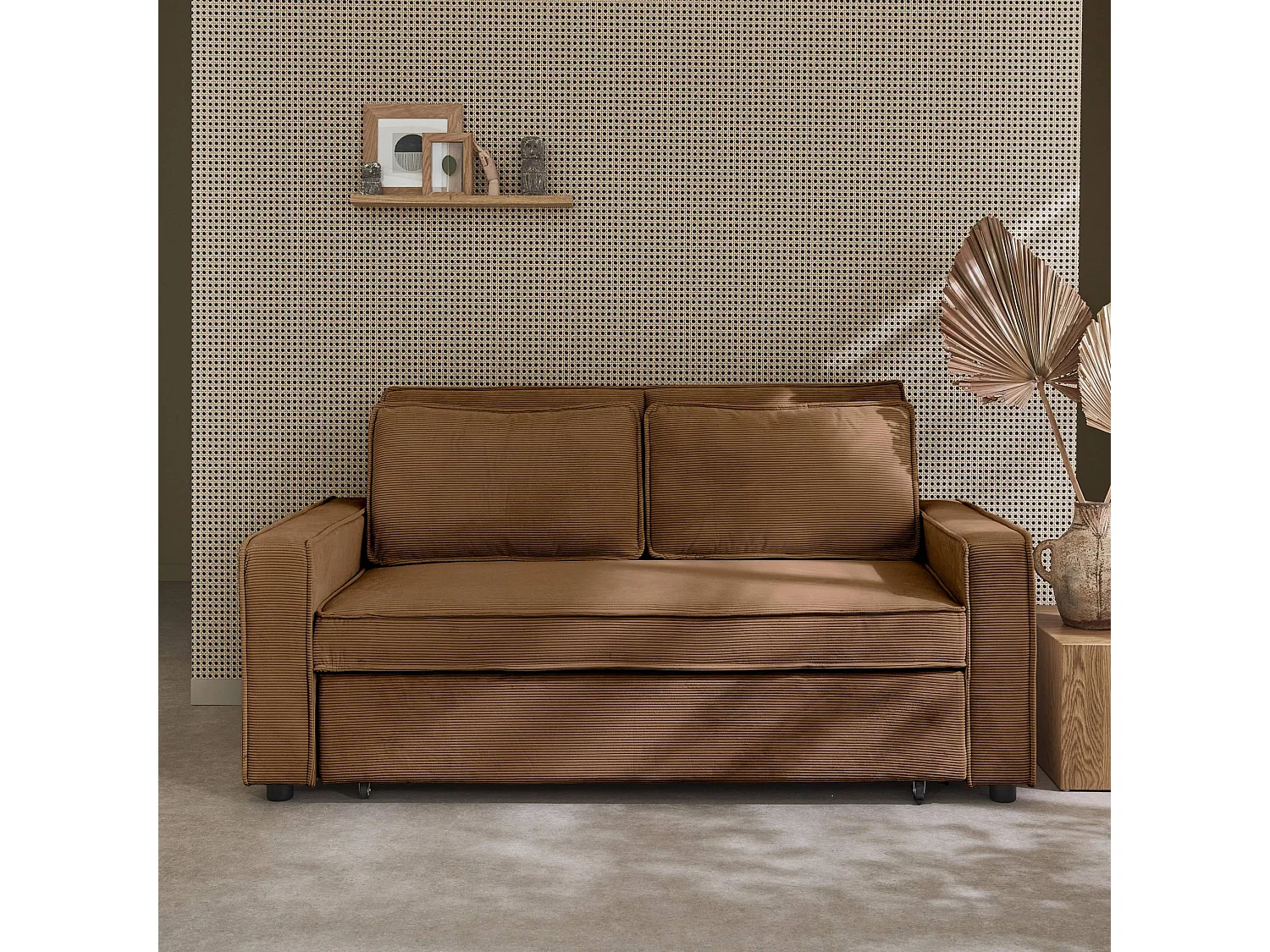 Canapé convertible 3 places rouille velours côtelé. banquette. lit