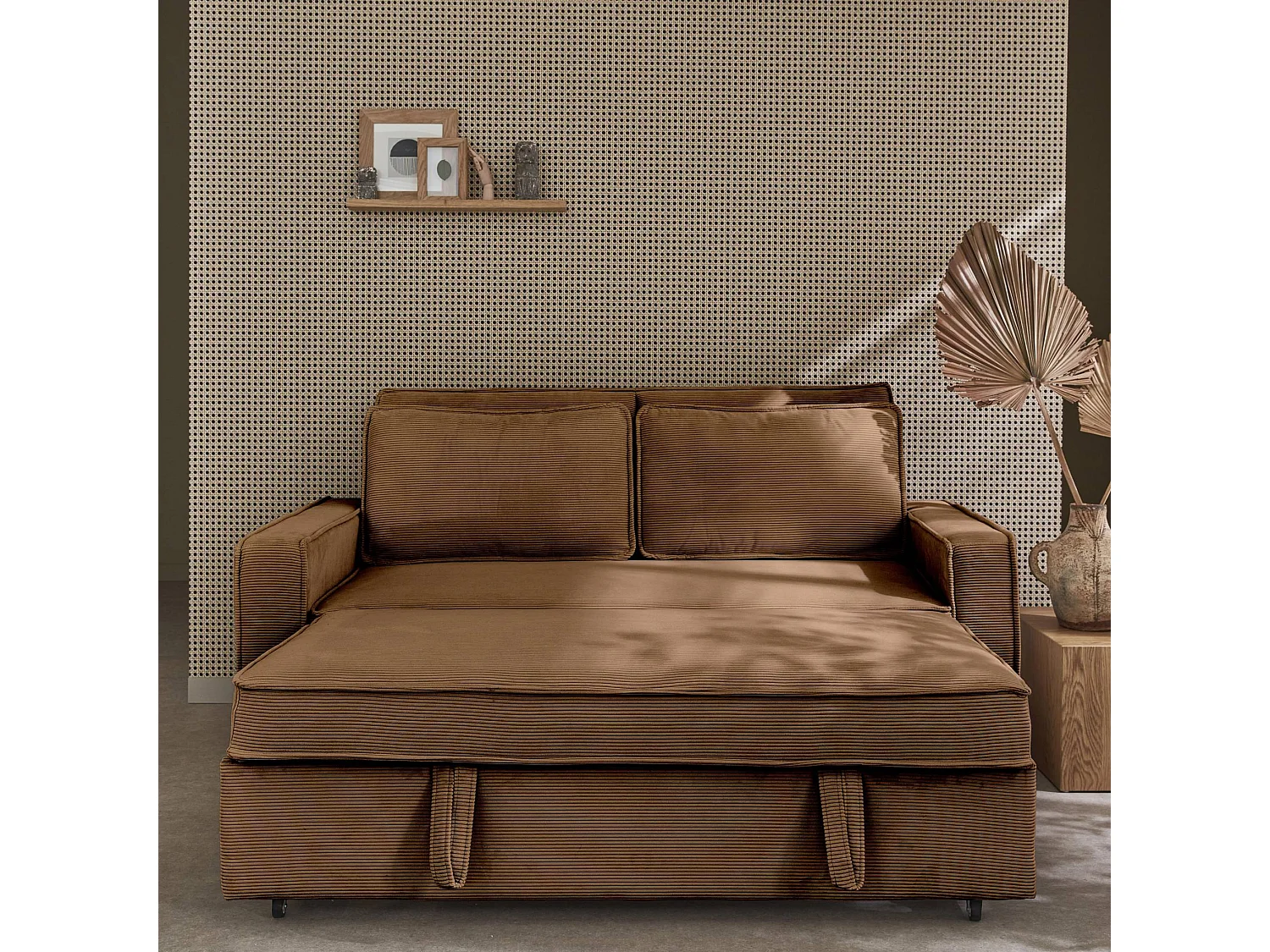 Canapé convertible 3 places rouille velours côtelé. banquette. lit