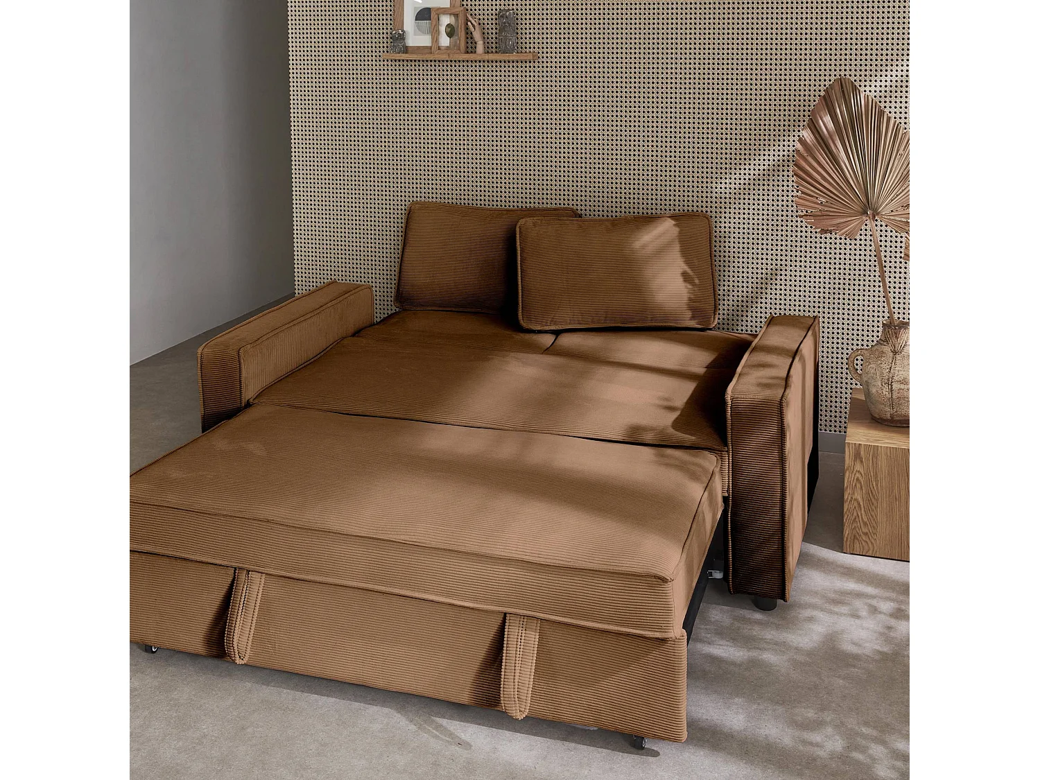 Canapé convertible 3 places rouille velours côtelé. banquette. lit