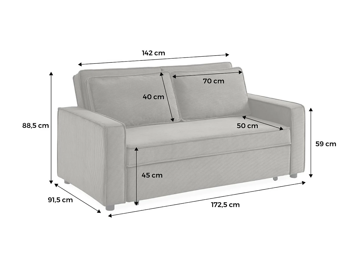Sofá cama de pana de 3 plazas gris claro
