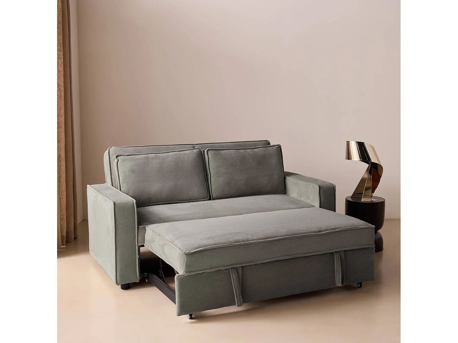 Sofá cama de pana, 2 plazas gris claro
