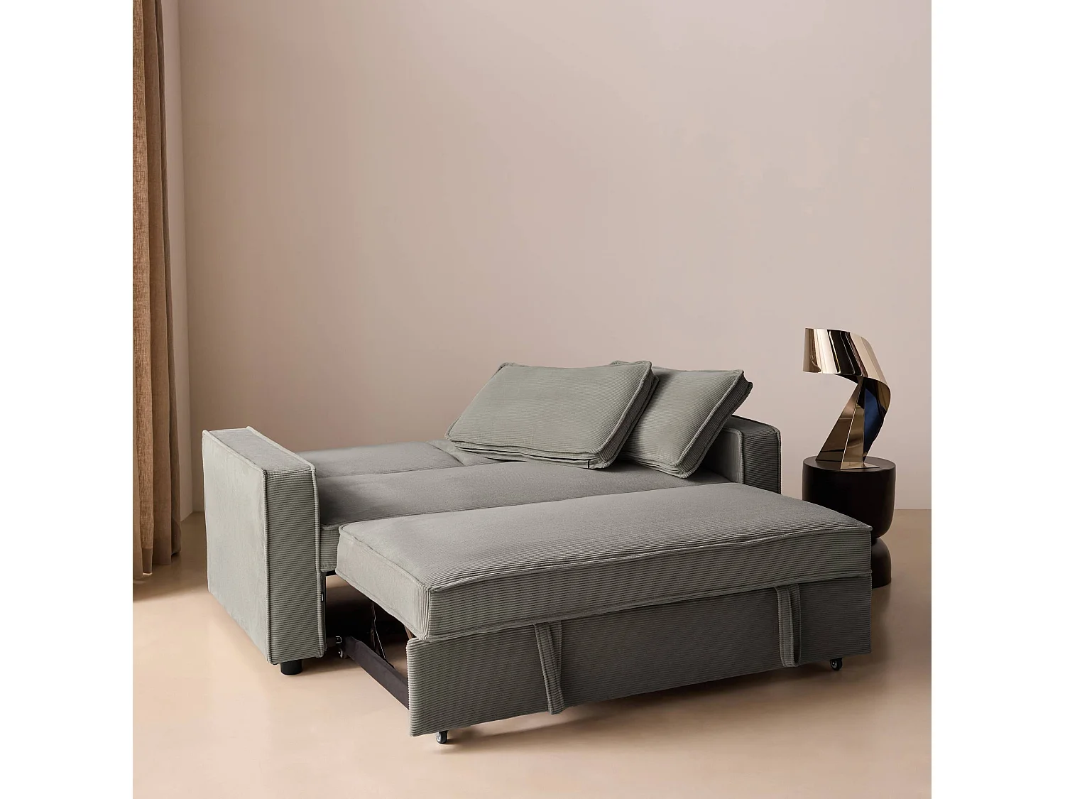 Sofá cama de pana, 2 plazas gris claro
