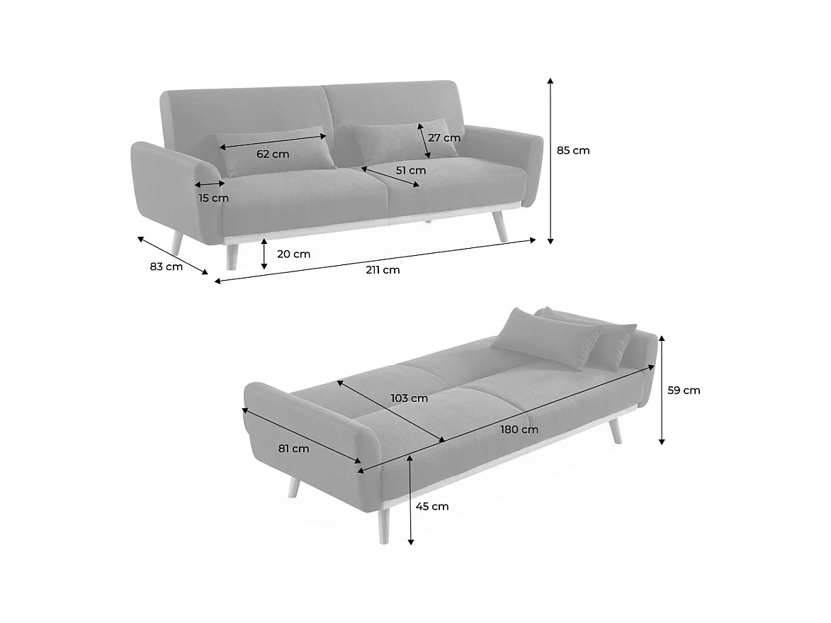 Divano letto 2-3 posti legno di eucalipto tessuto, grigio scuro