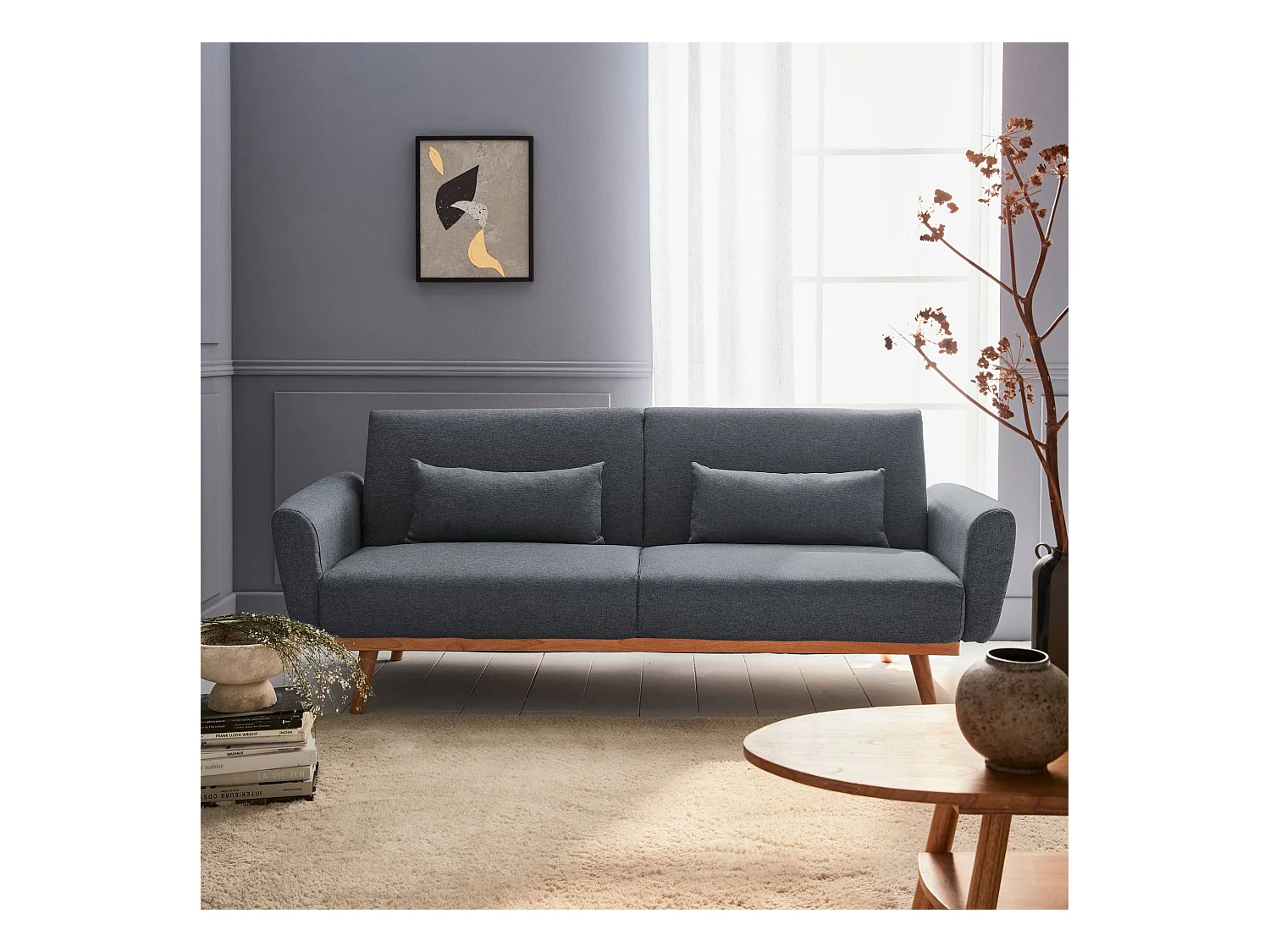 Divano letto 2-3 posti legno di eucalipto tessuto, grigio scuro