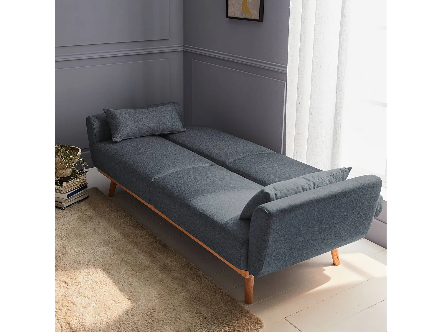 Divano letto 2-3 posti legno di eucalipto tessuto, grigio scuro