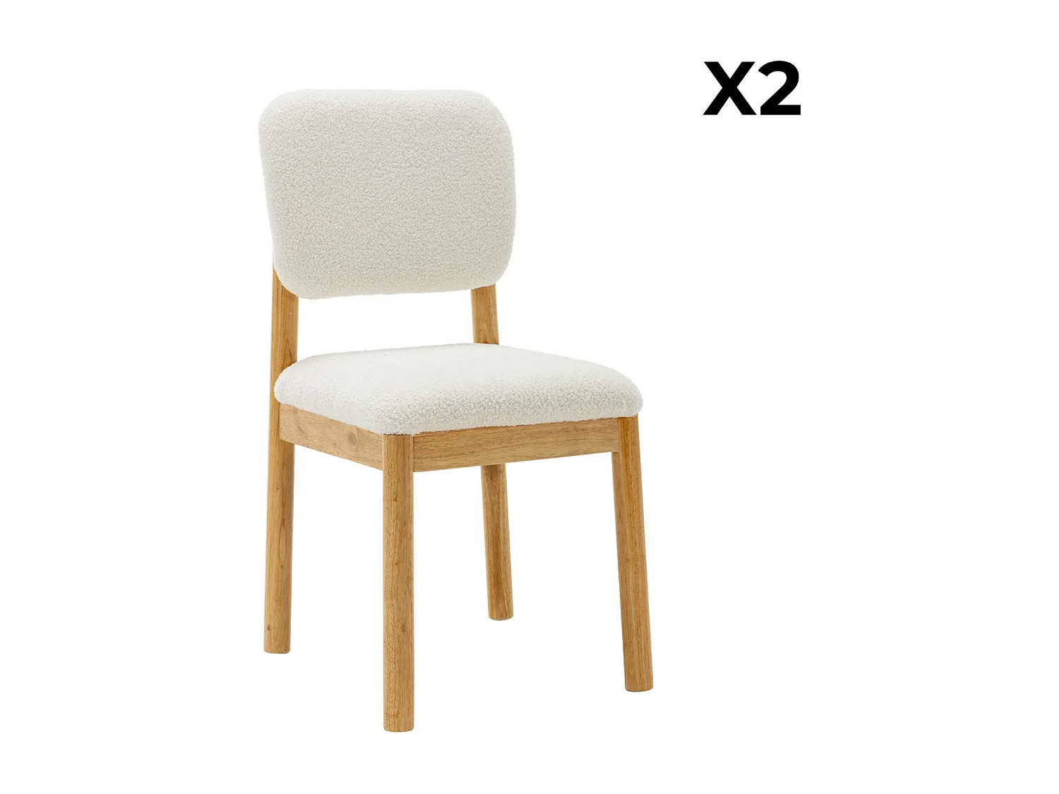 Set di 2 sedie imbottite in legno di hevea e bouclé, bianco