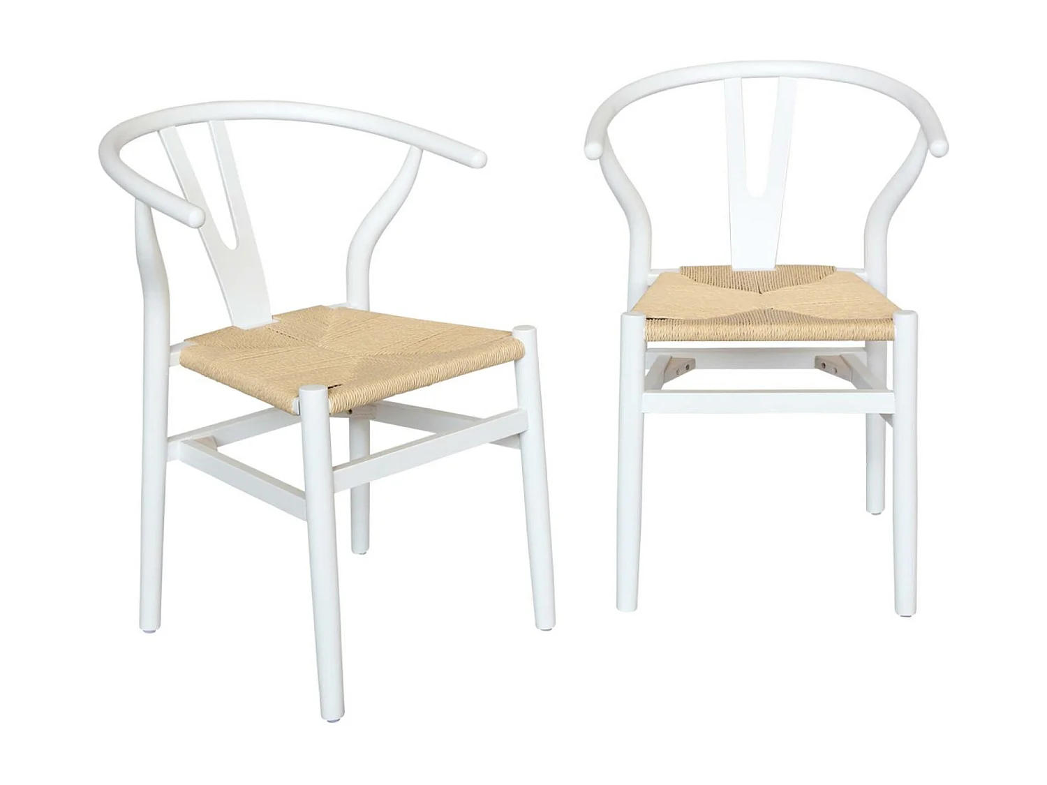 Lot de deux chaises vintage blanches en bois d'hévéa avec assise en cordes et dossier arrondi