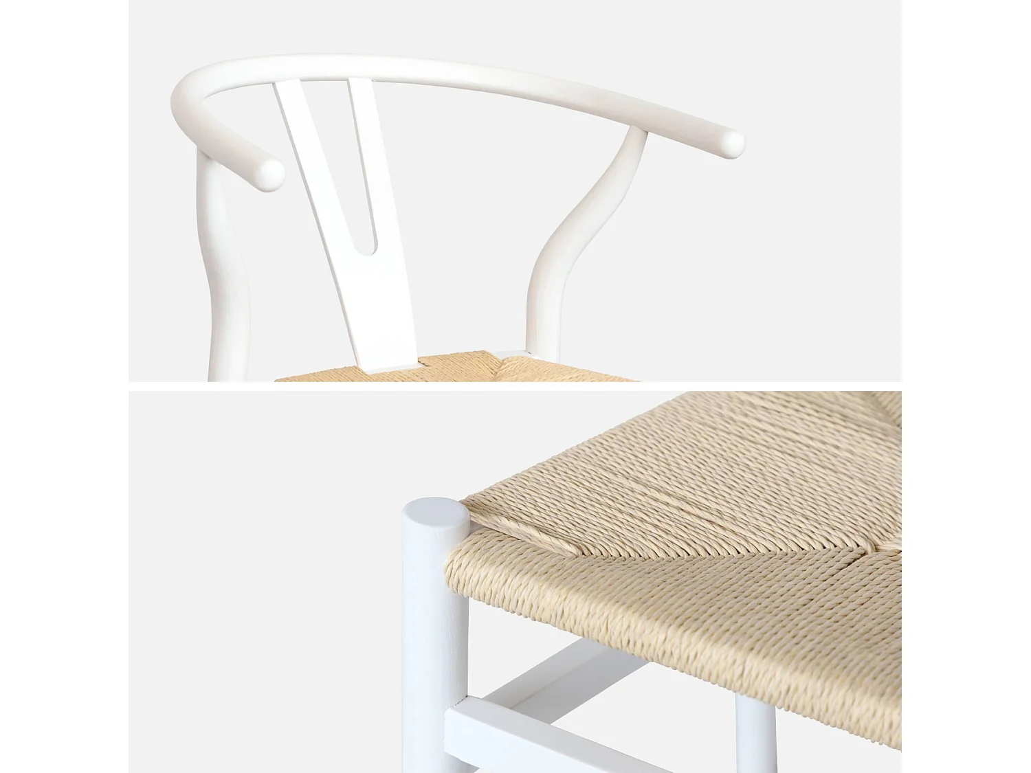 Lot de deux chaises vintage blanches en bois d'hévéa avec assise en cordes et dossier arrondi