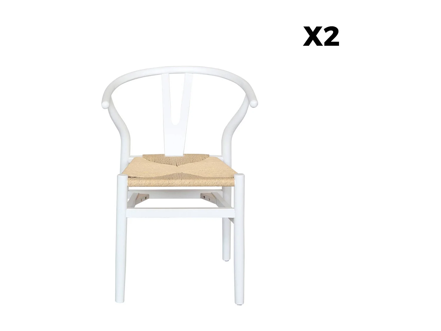 Lot de deux chaises vintage blanches en bois d'hévéa avec assise en cordes et dossier arrondi