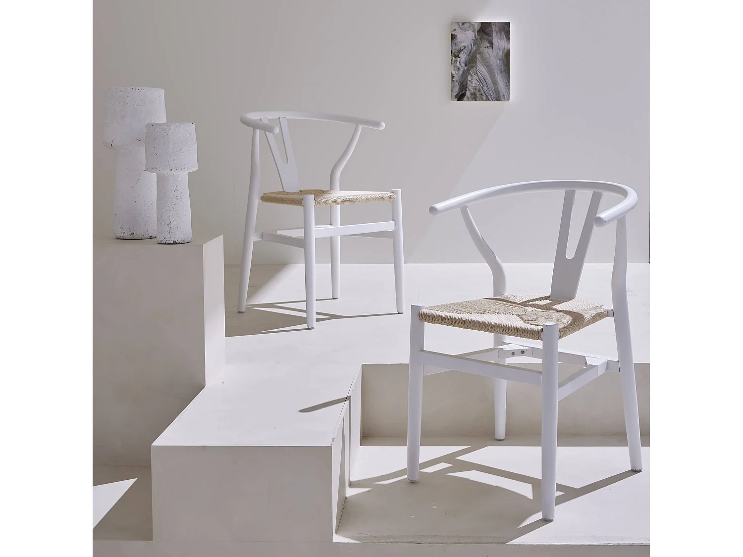 Silla de madera con asiento de cuerda, set de 2 blanco