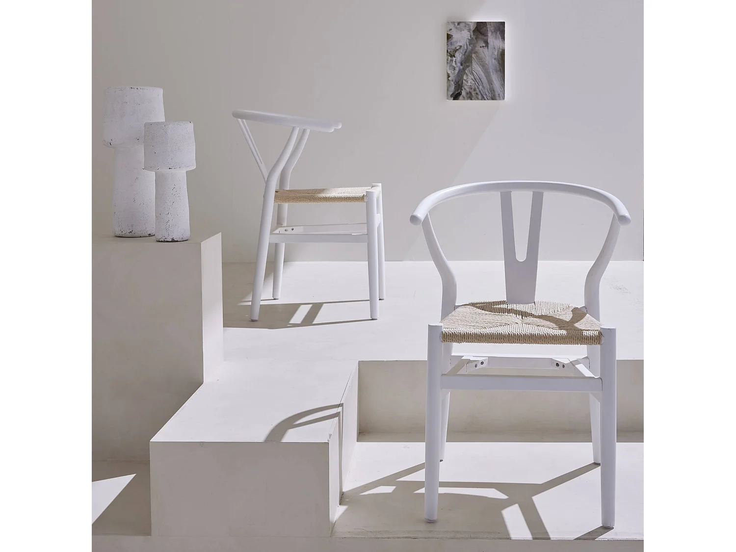 Silla de madera con asiento de cuerda, set de 2 blanco