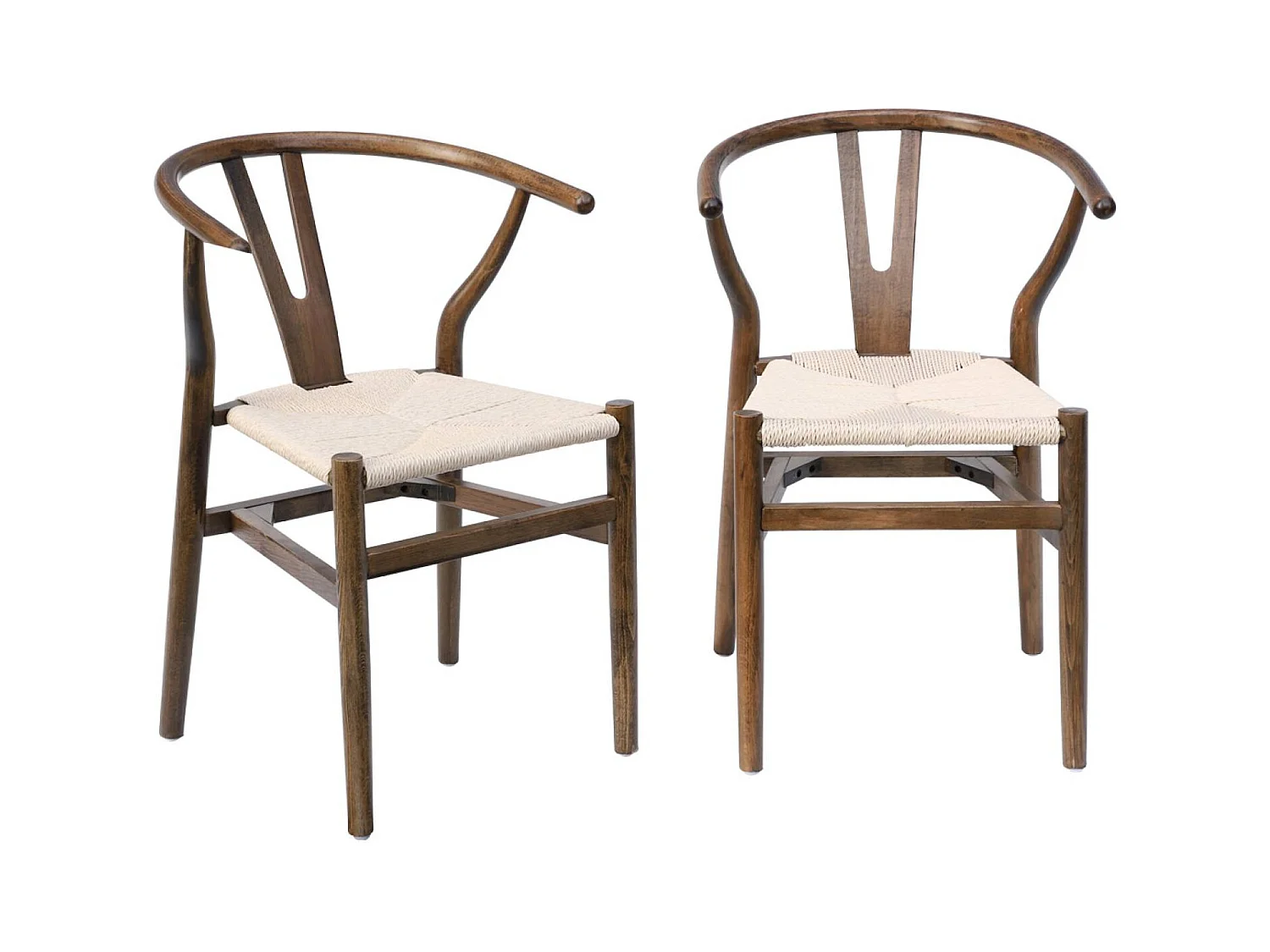 Lot de deux chaises vintage marron vieilli en bois d'hévéa avec assise en cordes et dossier arrondi