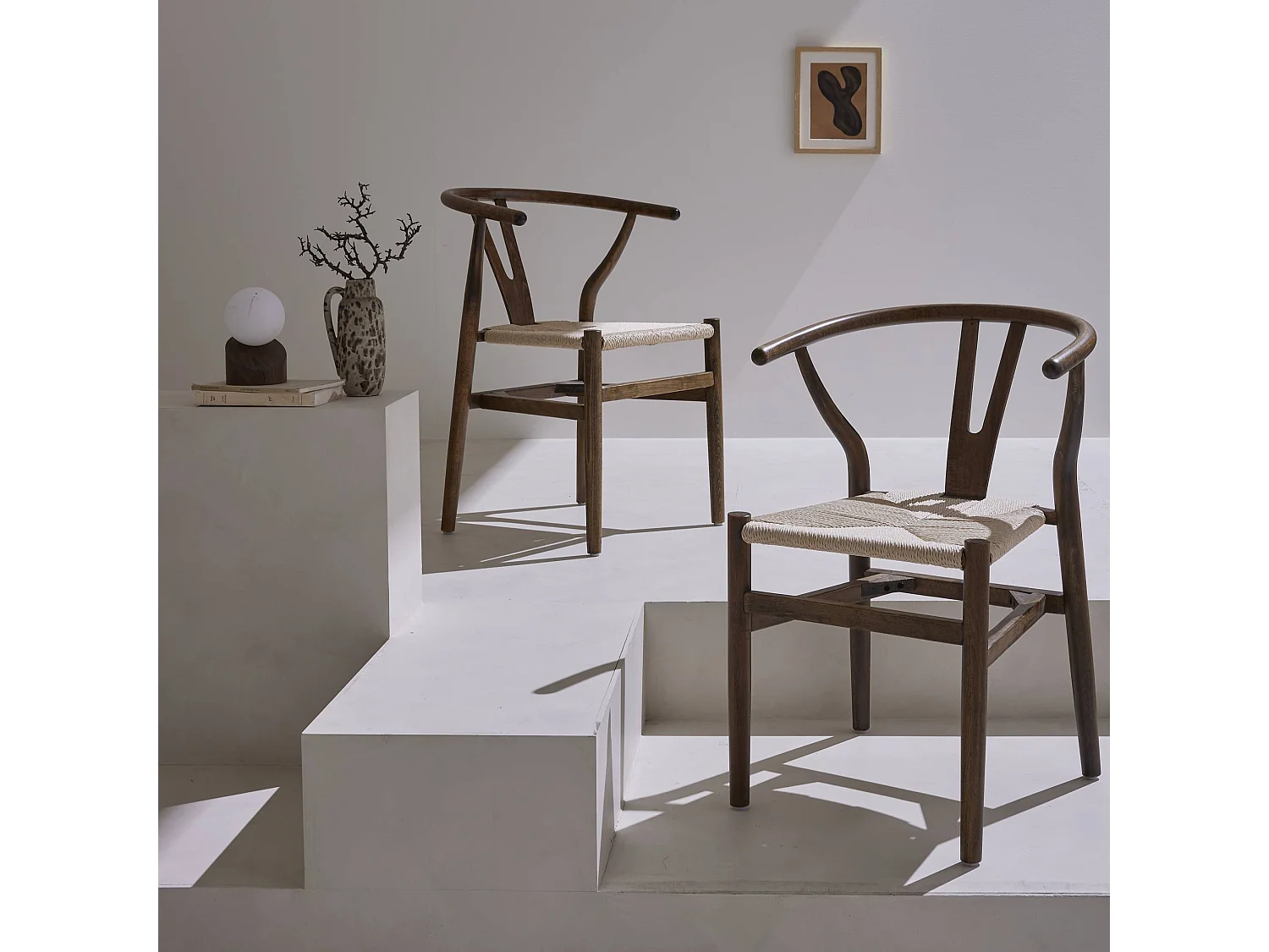 Sedia in legno con seduta in corda, set di 2, marrone