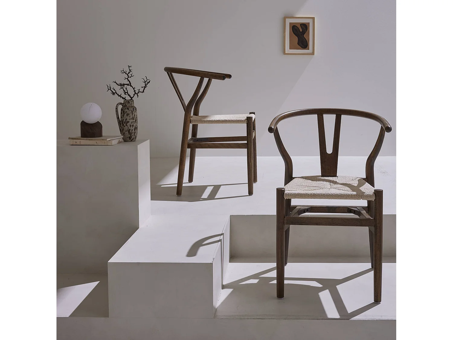 Set 2 sede in legno con seduta in corda, marrone