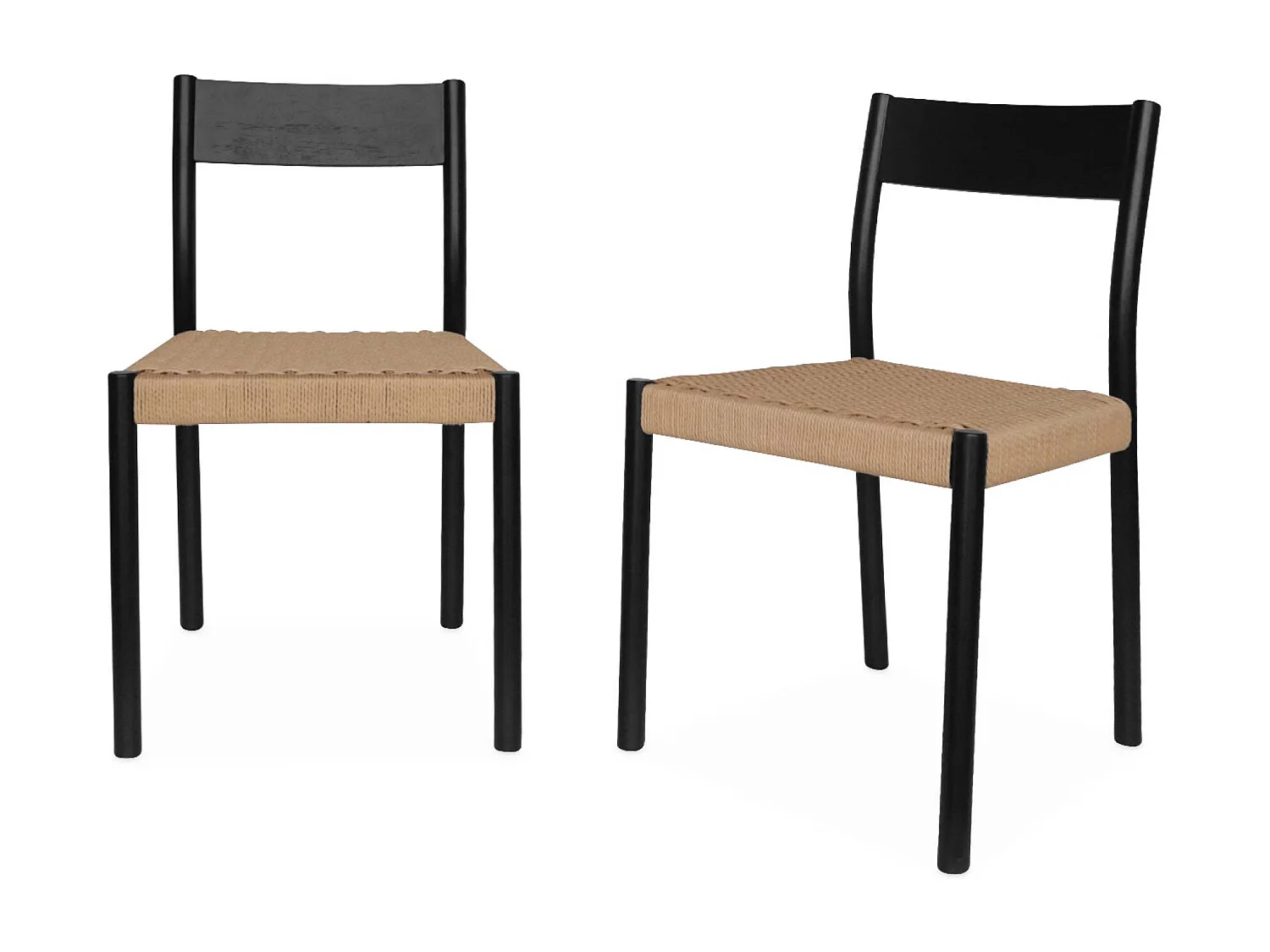 Lot de 2 chaises noires en bois et cordage. Ella. L 49.5 x P 53 x H 82cm