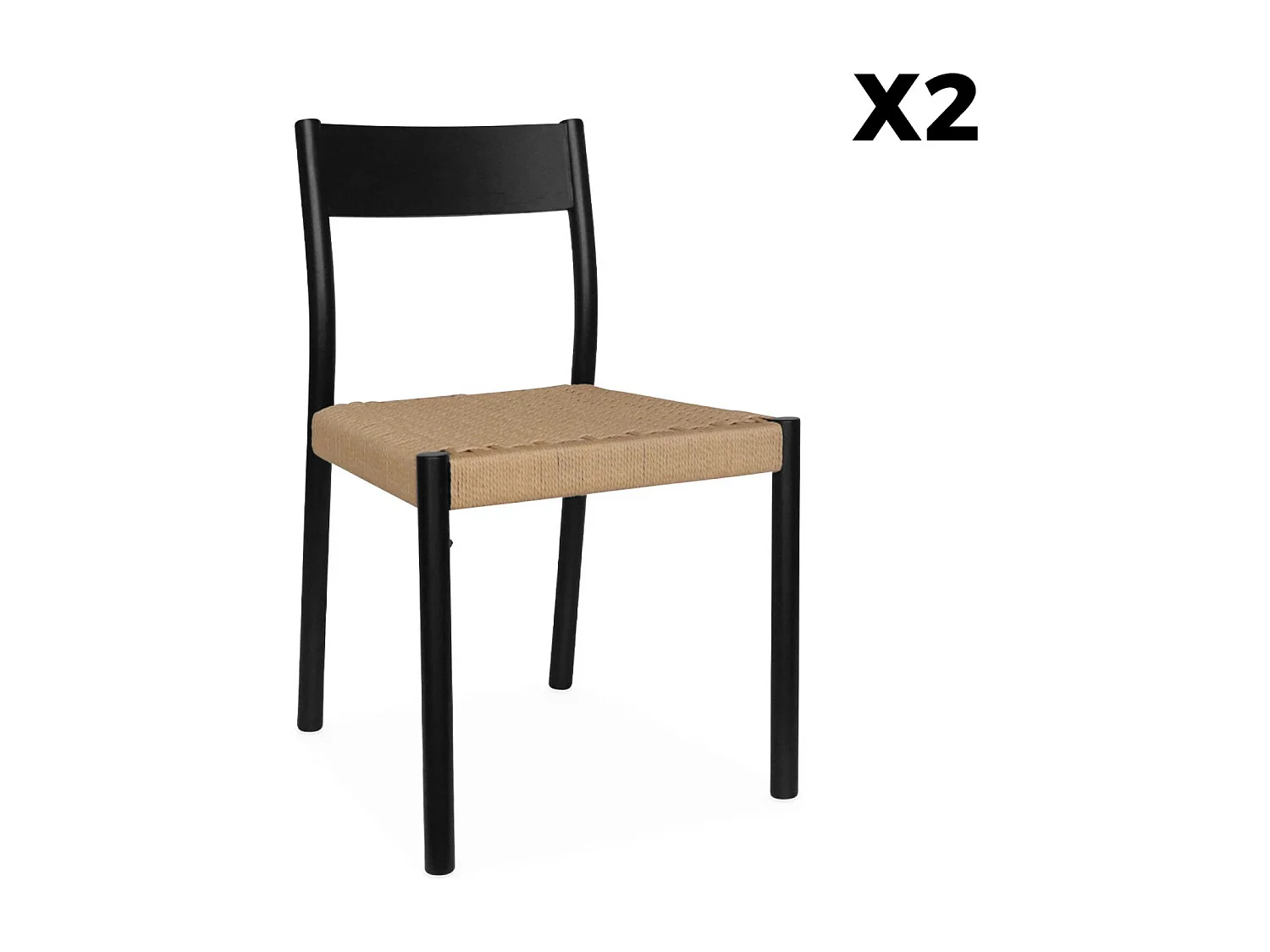 Lot de 2 chaises noires en bois et cordage. Ella. L 49.5 x P 53 x H 82cm
