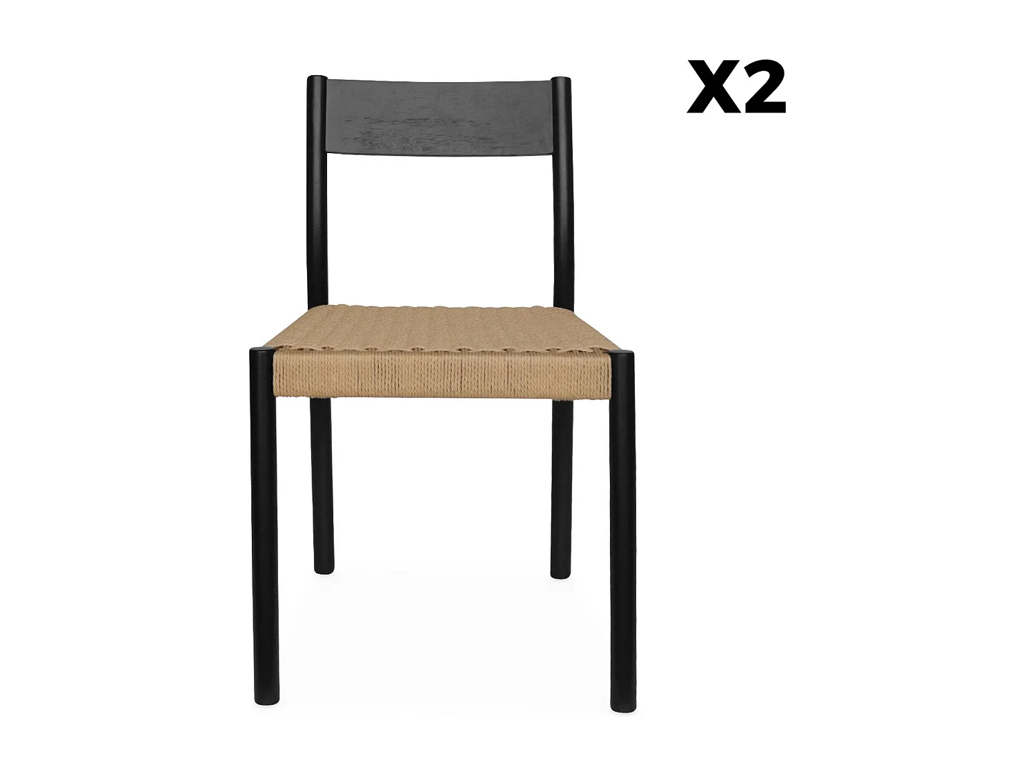 Lot de 2 chaises noires en bois et cordage. Ella. L 49.5 x P 53 x H 82cm