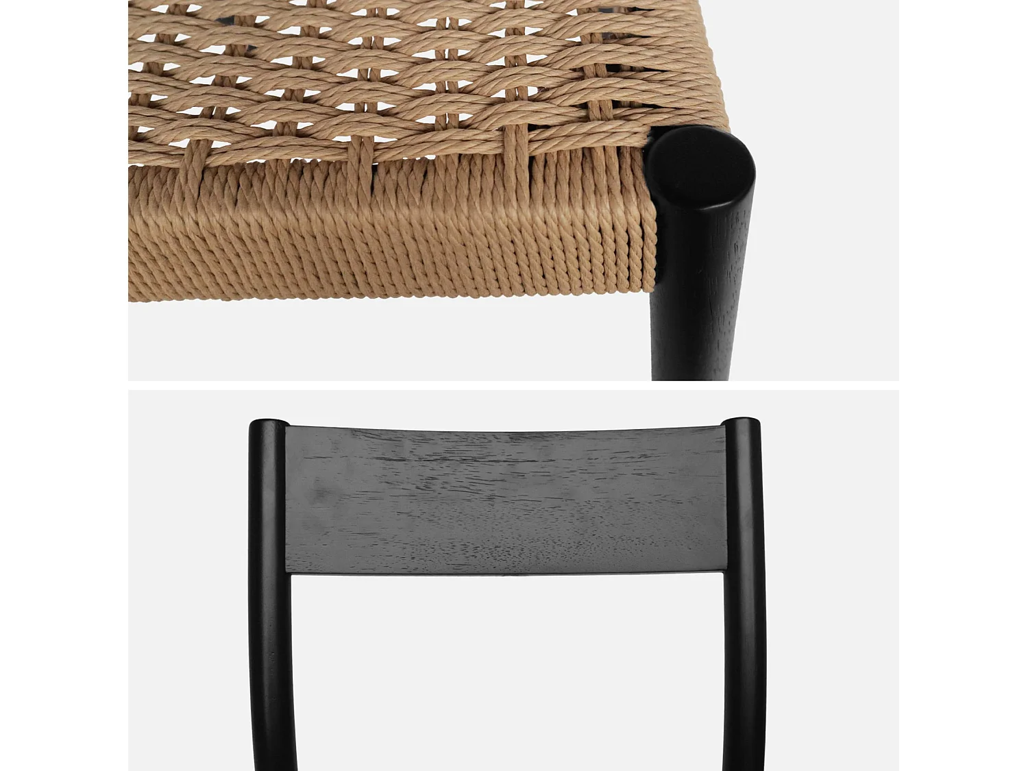Lot de 2 chaises noires en bois et cordage. Ella. L 49.5 x P 53 x H 82cm