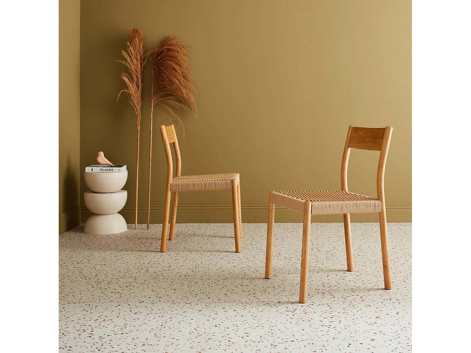 Set di 2 sedie in legno e corda, marrone naturale