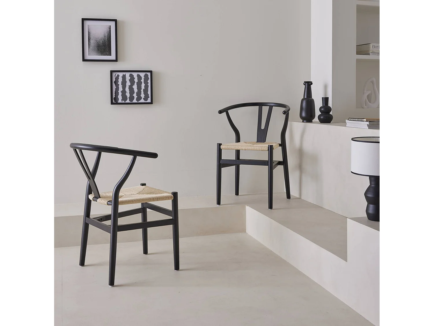 Sedia in legno con seduta in corda, set di 2, nero