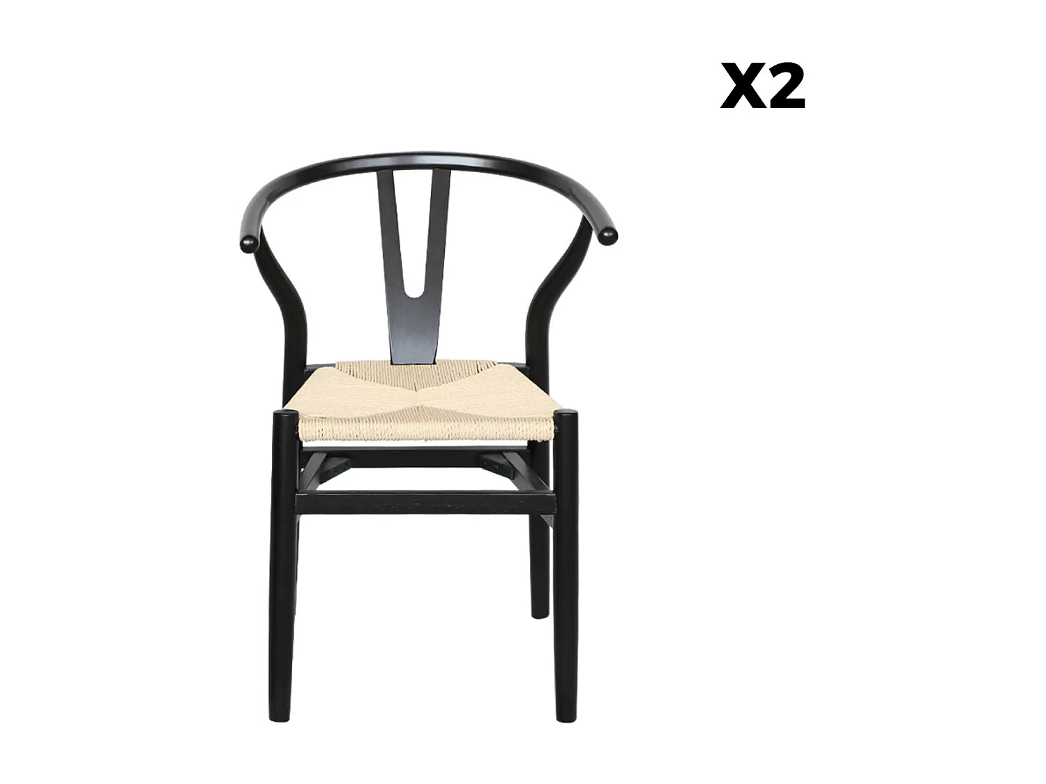 Sedia in legno con seduta in corda, set di 2, nero