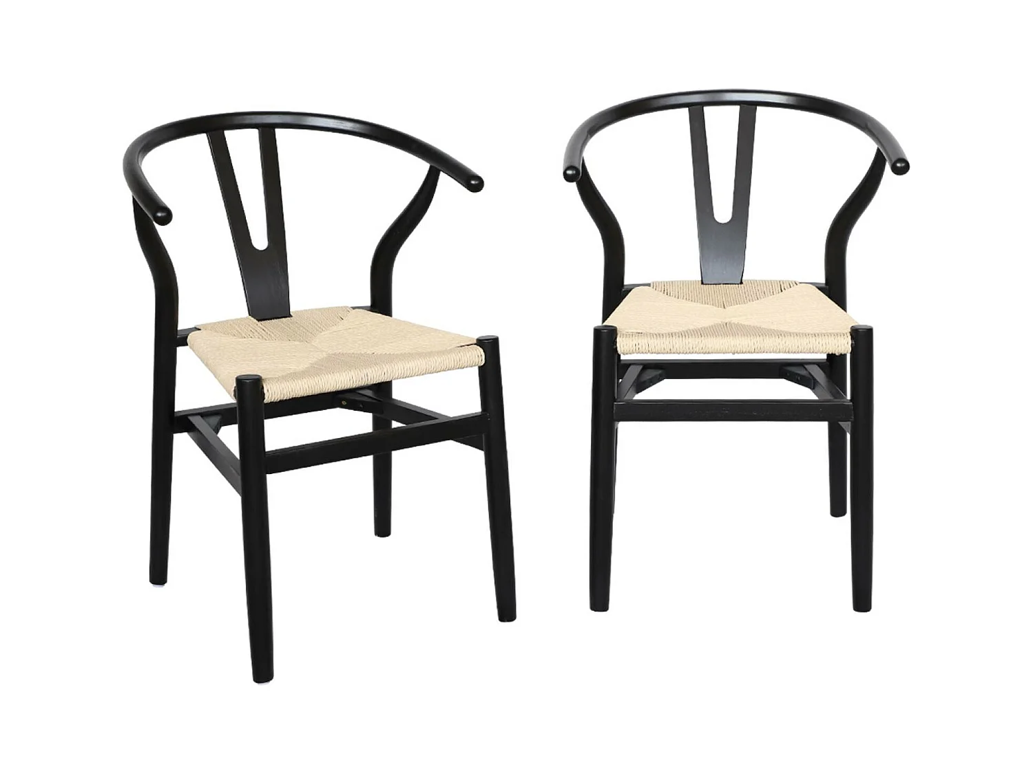Lot de deux chaises vintage noires en bois d'hévéa avec assise en cordes et dossier arrondi