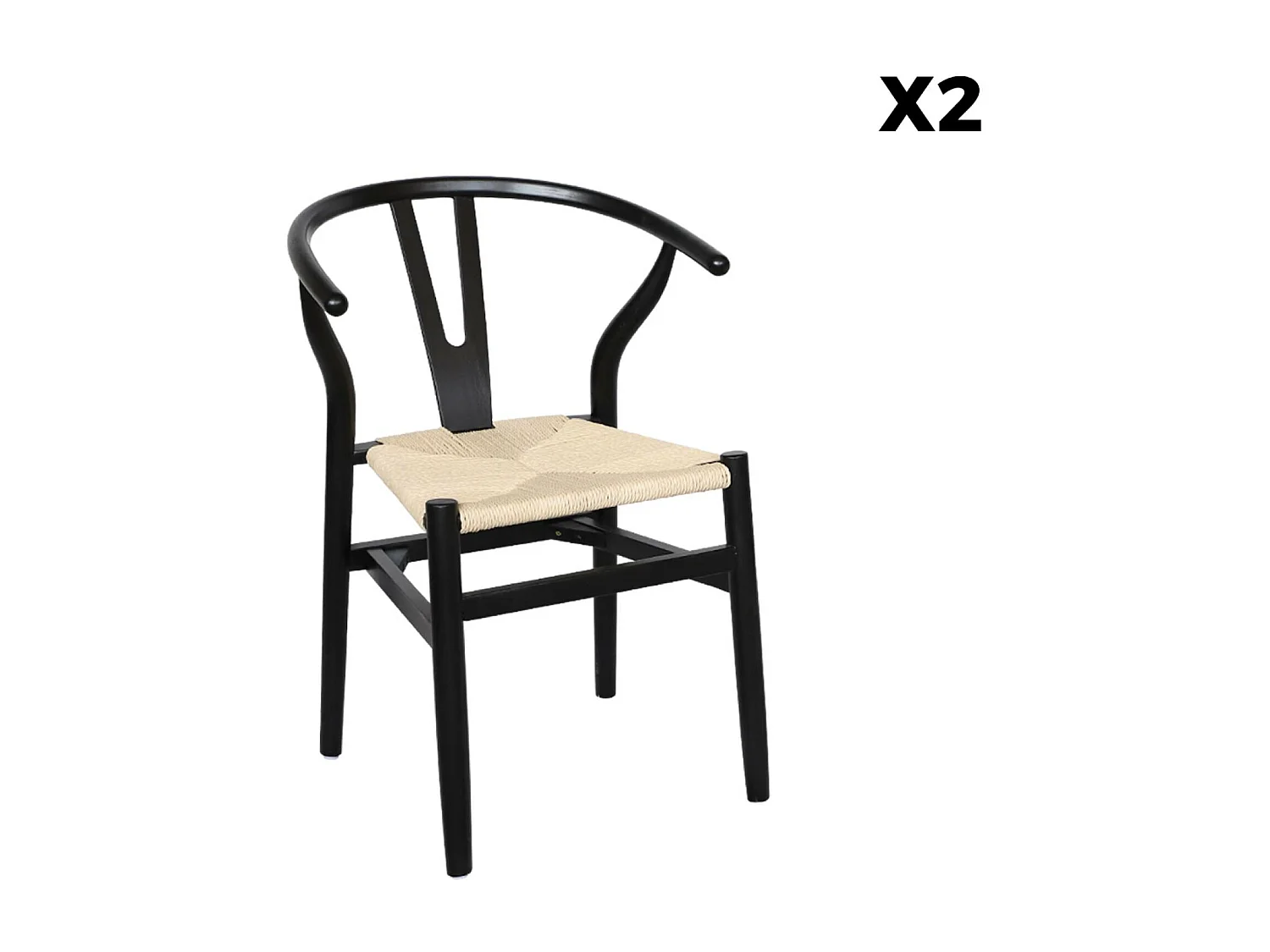 Sedia in legno con seduta in corda, set di 2, nero
