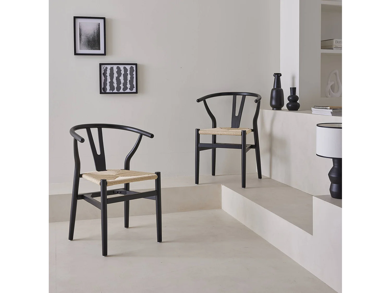 Set 2 sede in legno con seduta in corda, nero